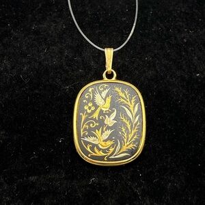 Vintage Damascene Enamel Dove Bird Pendant Gold Black